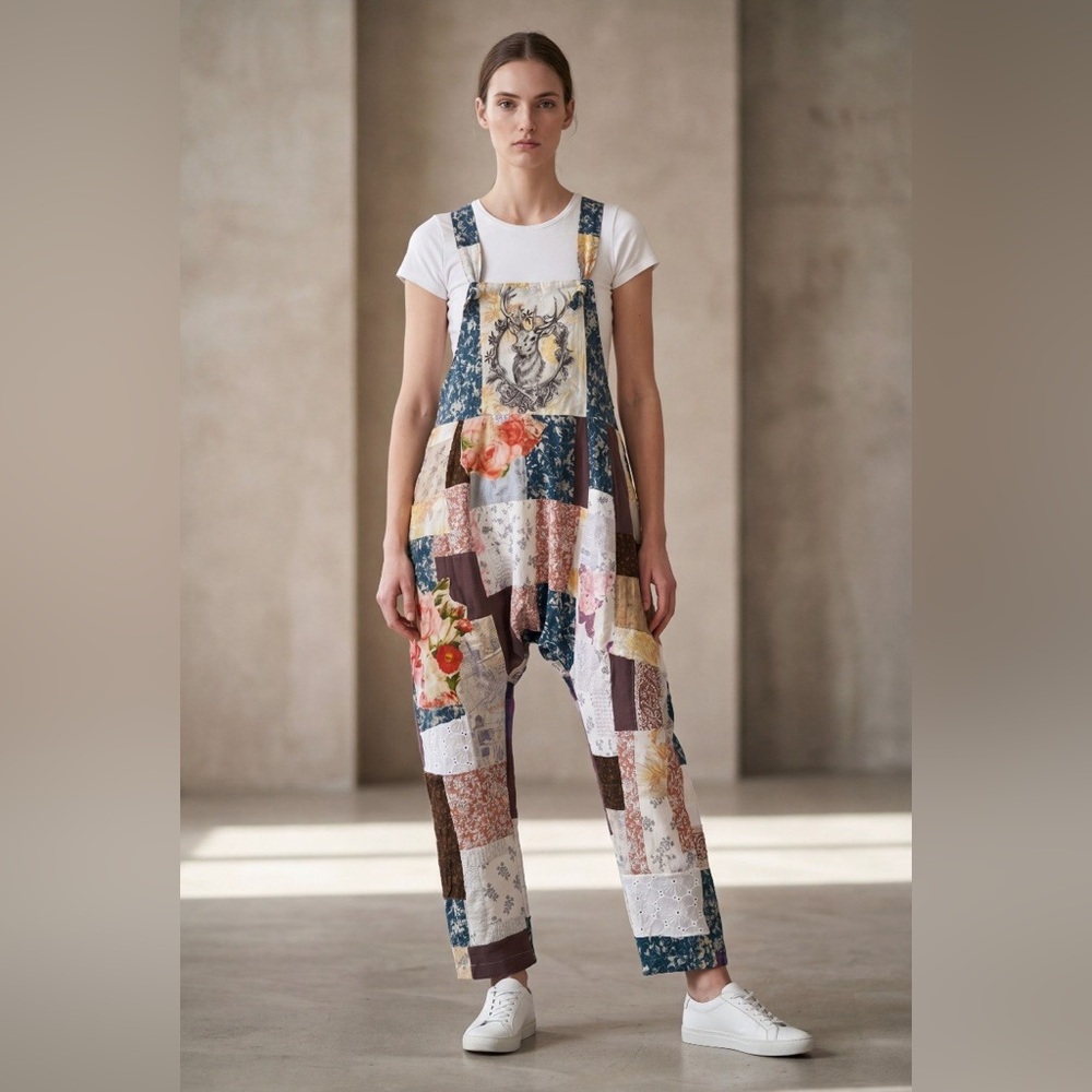 “Clochard de Luxe” Patchwork Floral Overalls in Blue, Cream & Brown - Picture 4 of 12